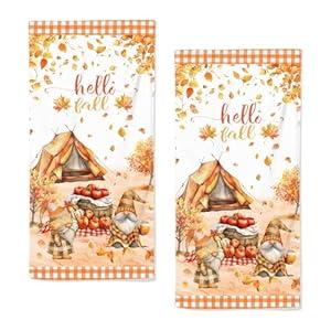 Fall Bathroom Hand Towels Set of 2 Highly Absorbent Maple Tree Gnome Pumpkin Hand Towels Breathable Hello Fall Kitchen Towels for Gym Hotel Decorative Thanksgiving Towels 28.7x13.7 Inch