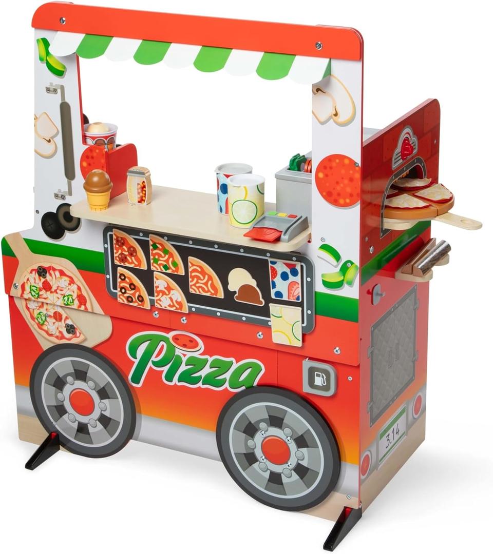 Melissa & Doug Wooden Pizza Food Truck Activity Center with Play Food, for Boys and Girls 3+, 24.9 x 17.25 x 7.0