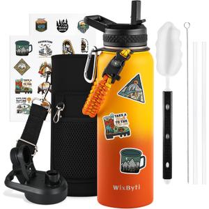40 oz Insulated Water Bottle with Straw (Cold for 48 Hrs), Stainless Steel Triple Wall Vacuum Sports Water Jug, Leakproof Hydro Cup Flask with Paracord Handle & Straw Spout Lids & DIY Stickers (Orange Gradient)