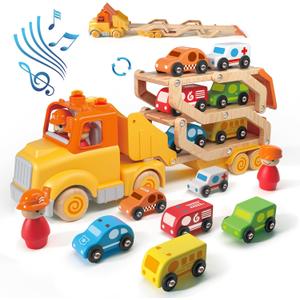 Toddler Toys for 2 3 4 5 Years Old Kids, Transport Car Carrier Truck Toy with 6 Wooden Vehicle, 30in Foldable Track Trailer with Light & Sound Effects, Best Gift Choice for Christmas, Birthday