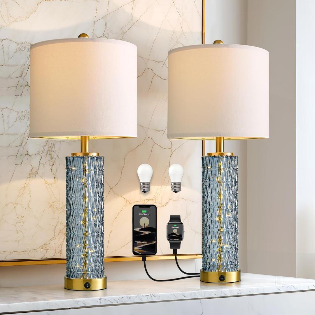 Oneach 27.75 Table Lamps Set of 2, Blue Modern Bedside Lamp with LED Night Light, USB A+C, Glass Lamps for Living Room, Bedroom, Nightstand, Office, End Table (2 Bulbs Included)