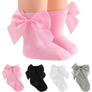 SAOROPEB 4-Pair Baby Girls Socks, Non-Slip Grips for Babies Toddler, Ankle Socks for Girls (0-12 Months, Bow)