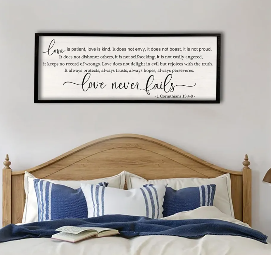 Flowtorely Love is Patient, Kind Wall Art Decor 40"X15" Love Never Fails Sign 1 Corinthians 13 Bedroom Above Bed Large Bible Verse Quote Scripture Christianity Hanging Sign (Black)