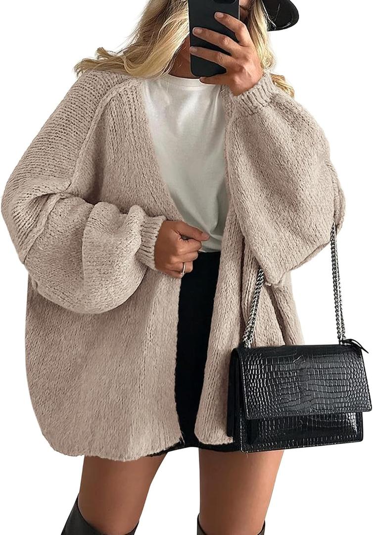 PRETTYGARDEN Womens Oversized Cardigan Sweaters 2025 Fall Long Lantern Sleeve Knit Open Front Lightweight Sweater (Medium, Grey Beige)
