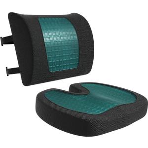 Amazon Basics Comfortable Seat Cushion & Lumbar Support for Office Chairs, Gel Enhanced Memory Foam, Non-Slip, Cooling, Portable, Pack of 2, Rectangular, Black
