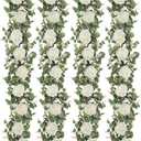 Dolicer 4Pcs 26Ft Artificial Eucalyptus Garlands with Flowers - 8 Roses, Faux Floral Greenery Garlands Fake Flowers Vines for Wedding Table Centerpieces Arch Party Ceremony Backdrop Decor (White)