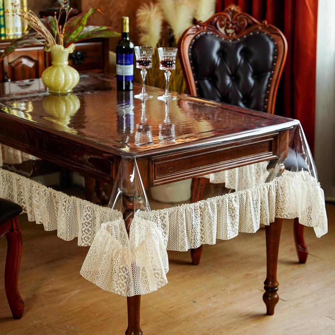 SUTAVIA Clear PVC Tablecloth Lace Ruffle Edge Transparent Oilproof Rectangular Table Protector for Dining Table Kitchen Home Party Outdoor Picnic (Cream Ruffle, Oblong, 60"x104")