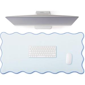Hahafelt Scalloped Desk Mat Large Scalloped Piping Cute Desk Mat Aesthetic Preppy Table Pad Large Nonslip Pad with Edge Stitching Waterproof Gaming(Blue,31.5 x 15.8 Inches)