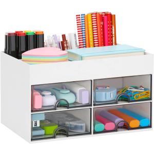 LETURE Desktop Organizer with Drawer, Accessories Stationary Organizer Desk Caddy, Pen/Pencil/Business Card/Sticky Note Tray/Paperclip Holder Storage Box (White)