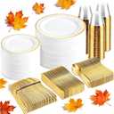 bUCLA 600Pcs White and Gold Plastic Plates - Gold Disposable Dinnerware Set for 100 Guests Include 100 Dinner & 100 Dessert Plates, 100 Cups, 100 Forks, 100 Spoons, 100 Knives for Thanksgiving