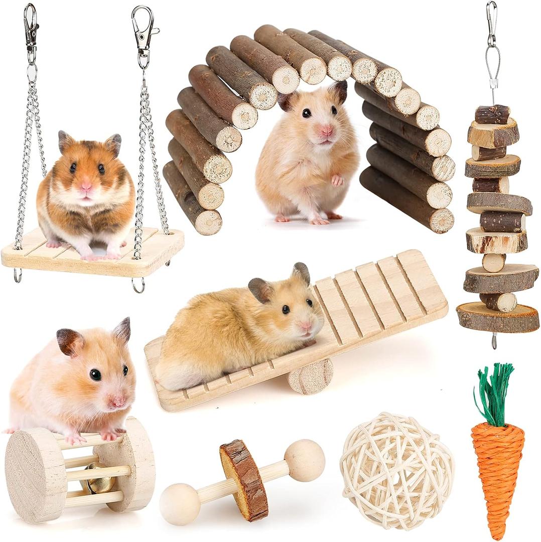 Hamster Chew Toys Set Small Animal Molar Toys Teeth Care Wooden Accessories for Guinea Pigs, Chinchillas, Gerbils, Mice, Rats, Mouse Rodents Toy Swing Seesaw Bridge (Wood)