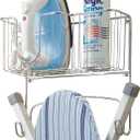 mDesign Metal Steel Ironing Board Holder Wall Mount with Large Storage Basket for Laundry Rooms - Holds Iron, Ironing Board, Spray Bottles, Starch, or Stain Sticks - Easy Installation - Chrome