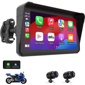 60Hz IPS Motorcycle Carplay Screen with 2K Dash Cam Front and Rear, Apple Carplay and Android Auto Display for Moto, 6" IP68 Waterproof GPS Navigation System Support Bluetooth, Siri, Google Assistant