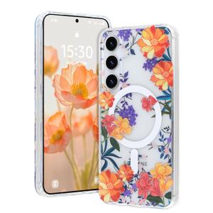 AIGOMARA Magnetic for Samsung Galaxy S24 Plus Case [Compatible with MagSafe] Clear Floral Flower Pattern Design, Slim Anti-Yellowing Shockproof Phone Cover for Women Girls, Orange