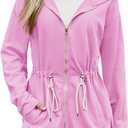 Fisoew Women's Zip Up Hoodie Sweatshirts Oversized Long Sleeve Casual Drawstring Waist Side Slit Tunic Tops (Pink)