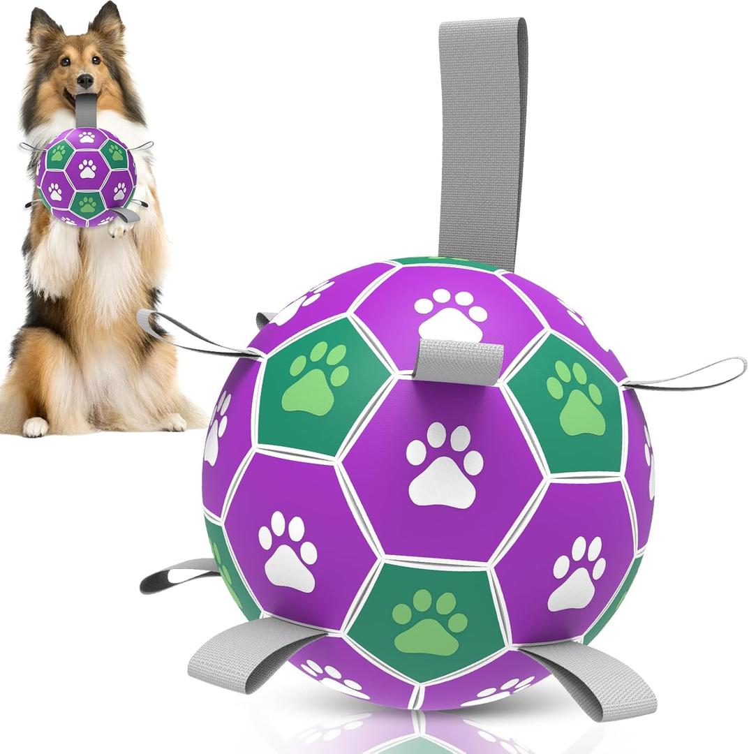 Diman Dog Balls with Nylon Straps, Puppy Soccer Ball for Dogs, Outdoor Dog Toys, Durable Fetch Pet Toy for Training, Birthady Gift for Large Pets (7 Inch) Purple