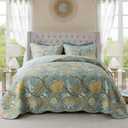 NEWLAKE Bedspread Quilt Sets-Reversible Patchwork Coverlet Set, Green Floral Pattern, King Size