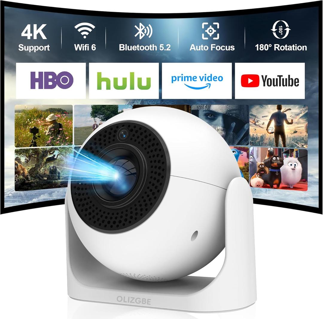 [Auto Focus] Mini Portable Projector with WiFi and Bluetooth, Built-in Apps Smart Projector 4K Support, 180 Rotation Auto Keystone, Home Outdoor Movie Projector Compatible with TV Stick/Phone/Laptop (White ball)