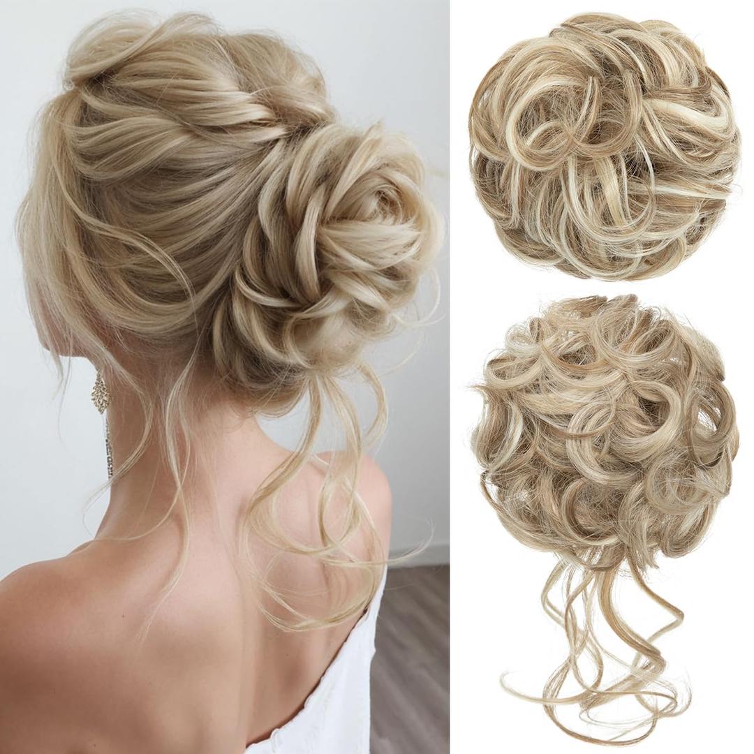 CJL HAIR 2PCS Messy Bun Hair Pieces Wavy Curly Synthetic Updo Chignon Fake Scrunchies Ponytail Extension for Women Sunny Blonde