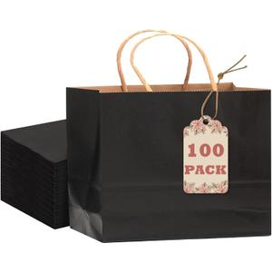 qiqee 13"x4.5"x10" Large Gift Bag with Handles Bulk 100PCS Gift Paper Bags Black Bags Multiple Uses (Wide Large)