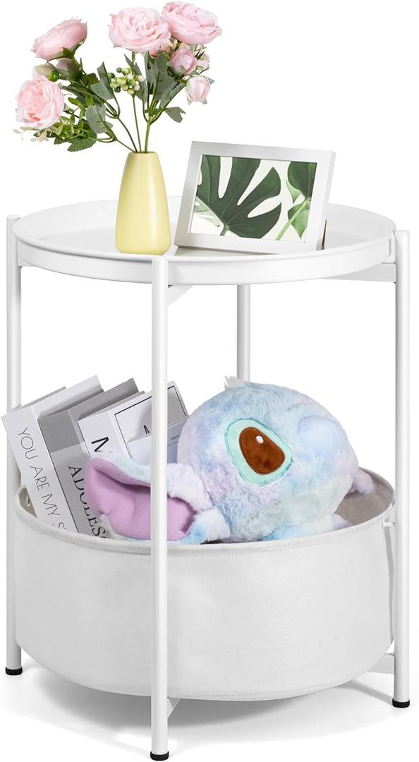 Round Side Table, White End Table with Storage Basket, Metal Night Stand with Removable Tray, Small Bedside Table for Living Room, Bedroom, Nursery (White), 17 inches x 17 inches x 20.5 inches