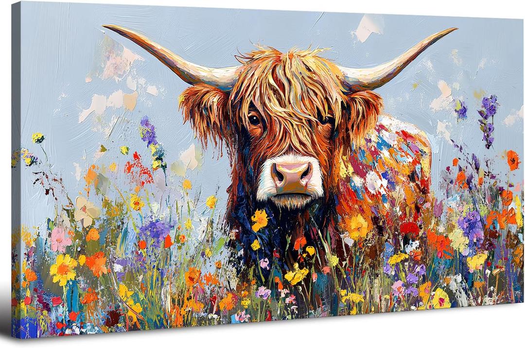 Western Bathroom Highland Cow Wall Art Abstract Scottish Cow Picture Wall Decor for Living Room Farmhouse Flower Animal Cattle Painting Canvas Colorful Floral Prints Kitchen Home Decorations 20"x40" (40L" x 20W")