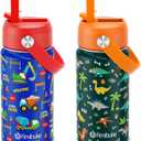 Fimibuke Kids Insulated Water Bottle, 14oz BPA FREE Double Wall Vacuum Tumbler 18/8 Stainless Steel Leak Proof Kids Cups with Straw Metal Bottles for School Boys Girls (2 Pack, Trucks/Green Dinosaur)