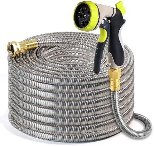 Holldoor Metal Garden Hose 150 ft – 304 Stainless Steel Water Hose with Nozzle Sprayer, Garden Hoses Flexible, Lightweight, No Kink, Heavy Duty for Outdoor (150 ft)