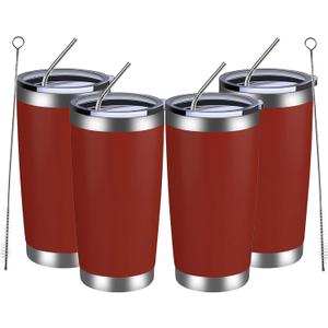 MEWAY 20oz Tumbler 4 Pack Double Wall Vacuum Insulated Travel Mug Bulk, Stainless Steel Tumblers with Lid and Straw, Powder Coated Coffee Cups for Cold & Hot Drinks (Red, Set of 4)