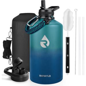 One Gallon Water Bottle Insulated, Triple Walled Vacuum Stainless Steel (Cold for 48 Hrs), Leak Proof & Non-BPA, Large Water Flask Jug with Paracord Handle & Straw Spout Lids (128 Ounces, Cyan Blue)