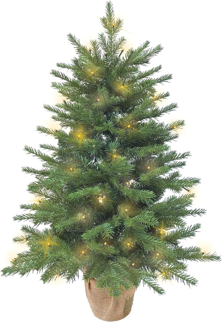 3ft Pre-Lit Mini Fir Christmas Tree,Artificial Pine Xmas Tree,106 PE Branches Tips & 84 PVC Branches Tips & UL Certification LED Lights & Burlap Wrapped Base for Tabletop Desk,Battery Operated