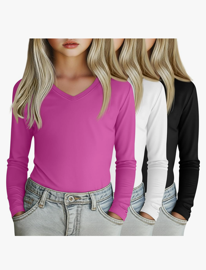3 Pack Girl's Long Sleeve Shirts, Soft V Neck Kids Tops Fall Loose Fit Basic Tee Casual T Shirts, Size 7-8y