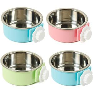 kathson Crate Dog Bowl, Removable Stainless Steel Hanging Pet Cage Bowl Food & Water Feeder Coop Cup for Cat, Puppy, Birds, Rats, Guinea Pigs (4 PCS, Size: L, 2Blue,1Pink,1Green)
