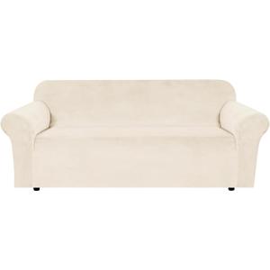 H.VERSAILTEX Stretch Velvet Sofa Covers for 3 Cushion Couch Covers Protector Soft with Non Slip Elastic Bottom, Crafted from Thick Comfy Rich Velour (Large Sofa 90"-97", Cream)