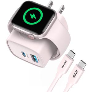 Charger for Apple Watch, USB C Charger Block, 3-in-1 20W Fast Charging, Portable Plug Travel Essential Charge for iWatch Ultra/SE/ 10/9/ 8/7/ 6, iPhone 16/16 Pro/ 15 Series, Pink