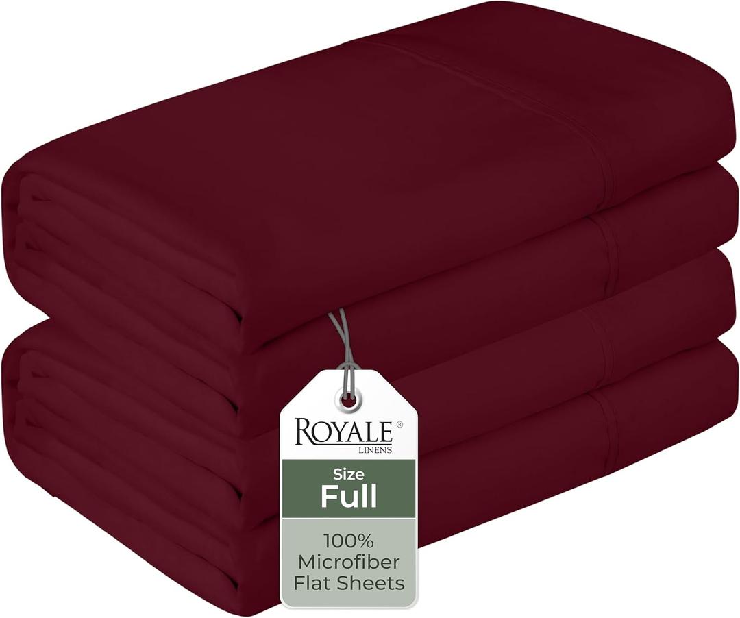 Royale Linens 2 Pack Bulk Flat Sheet Set - Top Sheets - Soft 1800 Microfiber - Wrinkle & Stain Resistant - for Hotel, Massage Table, Hospital, Dorm - Full Flat Sheet Sold Separately (Full, Burgundy)