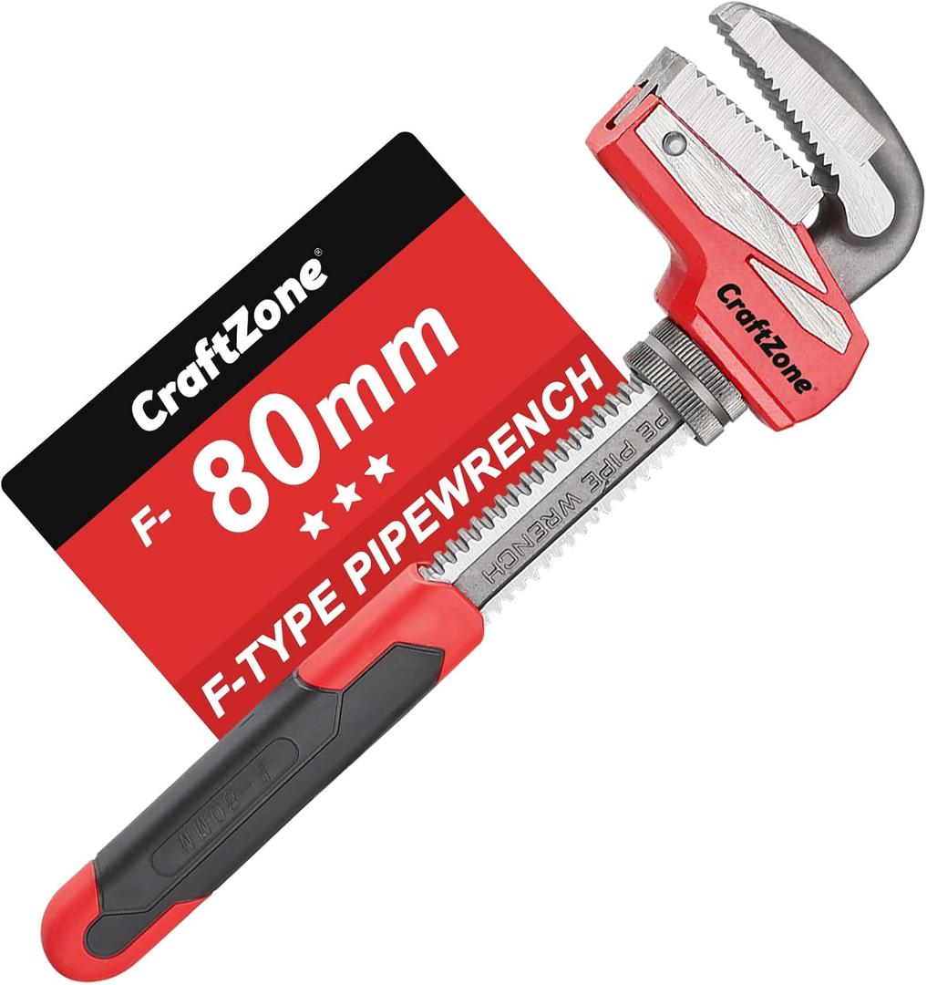 F-Type Pipe Wrench with Adjustable Large Opening Up to 80mm, Heavy Duty Steel Plumbing Tool with Drop Forged Jaw for Pipe Work and Comfortable Use