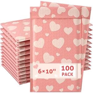 Tinlade 100 Pack Pink Bubble Mailers 6x10" Pink Heart Padded Envelopes Usable Size 6x9" Peel and Seal Waterproof Poly Mailers for Packaging, Shipping, Small Business, Boutique
