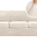 H.VERSAILTEX High Stretch Sofa Slipcover 4 Piece Cover Velvet Furniture Protector Form Fit Thick Velvet Extra Large Sofa Cover for 3 Cushion Couch Width Up to 97 Inch (Large Sofa, Ivory)