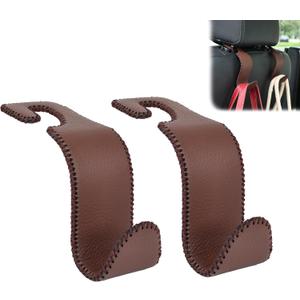 Amooca Car Seat Headrest Hook Universal Vehicle Storage Hanger Leather with Metal Car Seat Back Organizer for Handbag Purse Coat Brown 2 Pack
