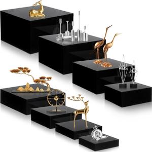 Geelin 8 Pack Acrylic Cube Risers Acrylic Boxes for Food Display Decorative Stands with Hollow Bottoms for Jewelry Food Buffet Risers Display Candy Table Decor, 8 Sizes, (Black)