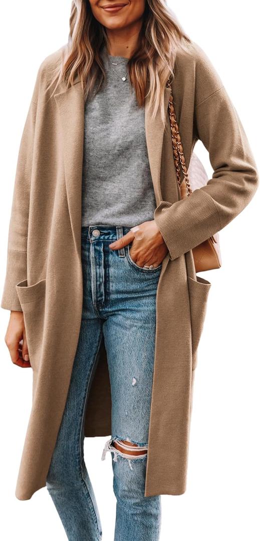 Yousify Cardigan for Women 2024 Open Front Knit Fall Sweaters with Pockets Coatigan Lapel Blazer Coats (Small, Light Tan)