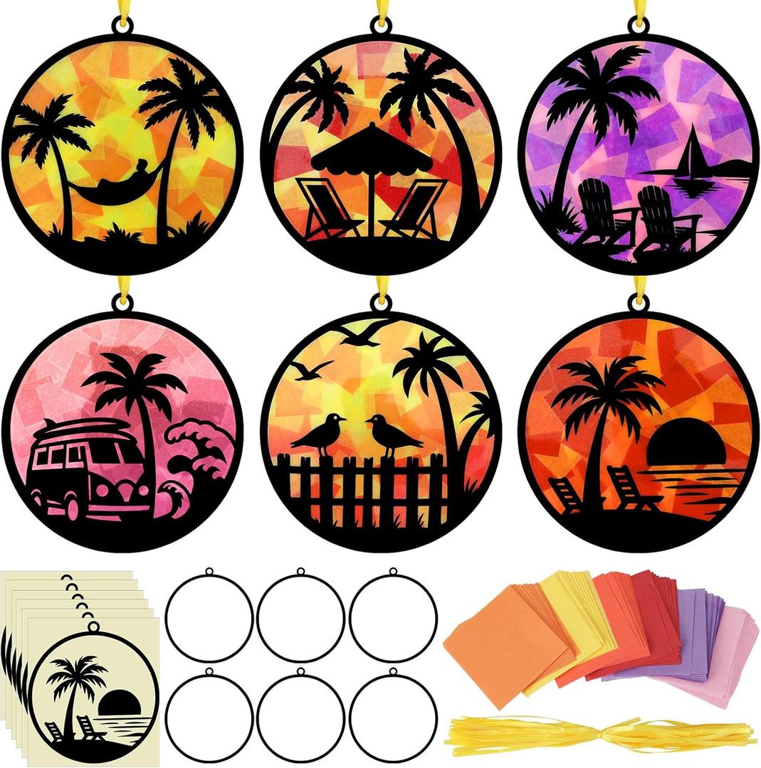 AmazingSpark 30 Pcs Tropical Palm Tree Craft Set Summer Beach Hawaiian Coconut Tree Suncatchers DIY Stained Glass Effect Tissue Paper Kits Gift Bulk for Luau Activities Art Party Decor