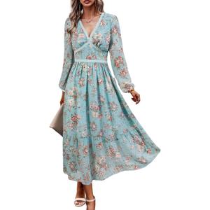 Women's Spring Wrap Maxi Dress Floral V Neck Long Sleeve Wedding Guest Party Casual Chiffon Dress (Lake Blue Flowers), XL Women's Spring Wrap Maxi Dress Floral V Neck Long Sleeve Wedding Guest Party Casual Chiffon Dress (Lake Blue Flowers), XL