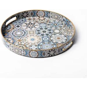 Round Serving Tray with Handles - Boho Coffee Table Tray Ottoman Tray,Large Trays for Ottoman Coffee Table,Modern Decorative Trays for Living Room