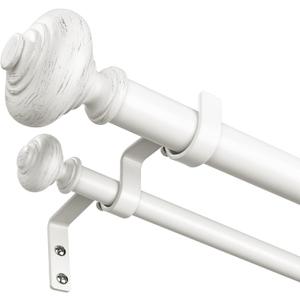 White Double Curtain Rod 36 to 184 Inch, Decorative Adjustable 1 Inch Heavy Duty Extra Long Dual Curtain Rods for Windows, Boho Rustic Vintage Double Drapery Pole with White Finial