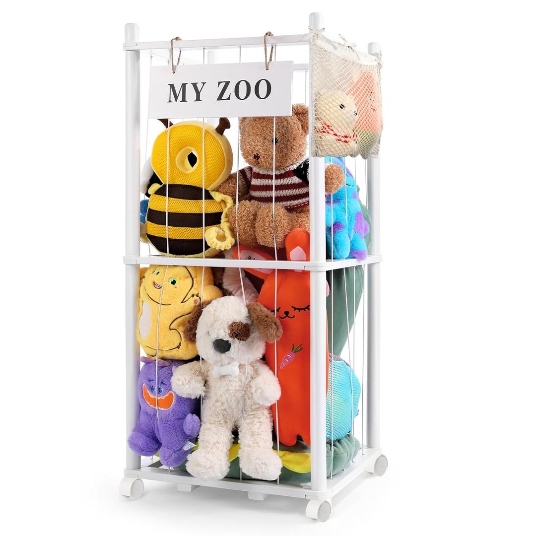 Stuffed Animal Storage Zoo with Wheels, Wooden Stuffed Animal Organizer with Elastic Cords, Space Saving Toy Plushies Storage Holder for Playroom, Bedroom, Living Room(White, Small)