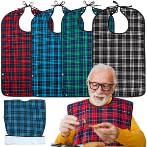 XKDOUS 4 Pcs Adult Bibs For Men Washable Clothing Protector with Crumb Catcher for Eating, Reusable Waterproof Large Feeding Adult Bibs Gift for Men Women Elderly Senior