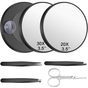 ProSuites 20X/30X Magnifying Mirror with Suction Cup,Portable 3.5 in Small Travel Magnifying Mirror with 3 Pcs Eyelash Tweezers,Scissors for Makeup