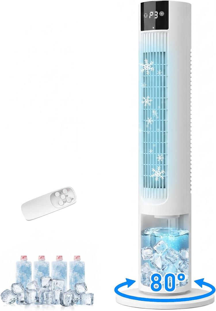 35" Evaporative Air Cooler, 3-In-1 Swamp Cooler, Portable Air Conditioners No Windows Needed, 3 Speeds, 4 Ice Packs, 12H Timer, 80° Oscillation, Remote, AC Cooling Fan for Bedroom, Room